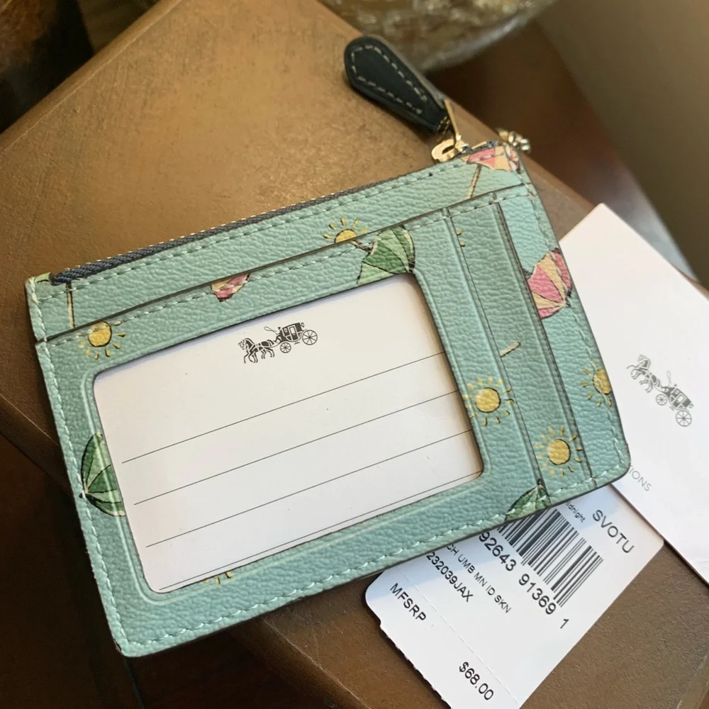 Coach Mint Green Umbrella Print Zip Card Case